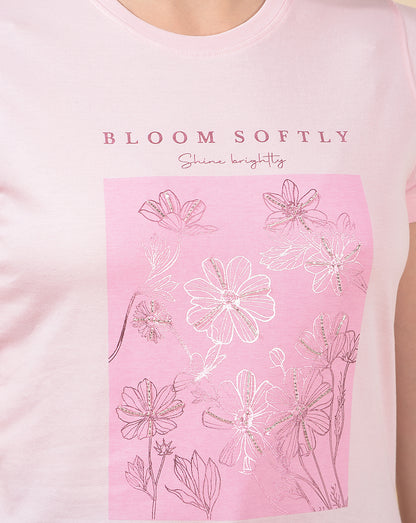 T-Shirt for Women l Breathable & Soft with Color Fastness Regular Fit Round Neck Poly Cotton Fabric Printed Pattern
