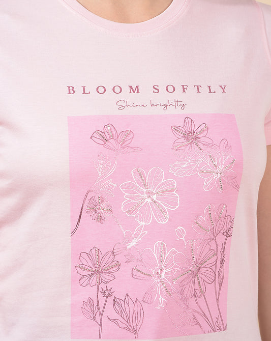 T-Shirt for Women l Breathable & Soft with Color Fastness Regular Fit Round Neck Poly Cotton Fabric Printed Pattern