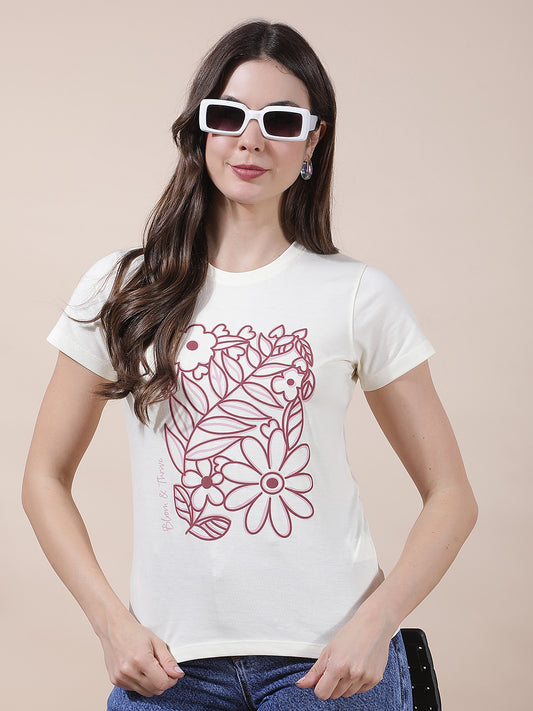 T-Shirt for Women l Breathable & Soft with Color Fastness Regular Fit Round Neck Poly Cotton Fabric Printed Pattern