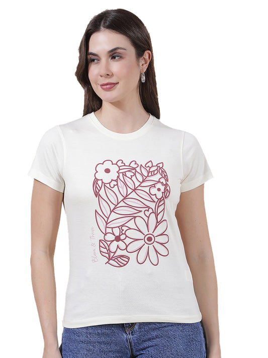 T-Shirt for Women l Breathable & Soft with Color Fastness Regular Fit Round Neck Poly Cotton Fabric Printed Pattern