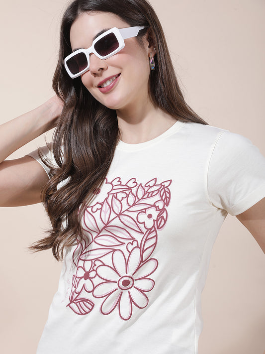 T-Shirt for Women l Breathable & Soft with Color Fastness Regular Fit Round Neck Poly Cotton Fabric Printed Pattern