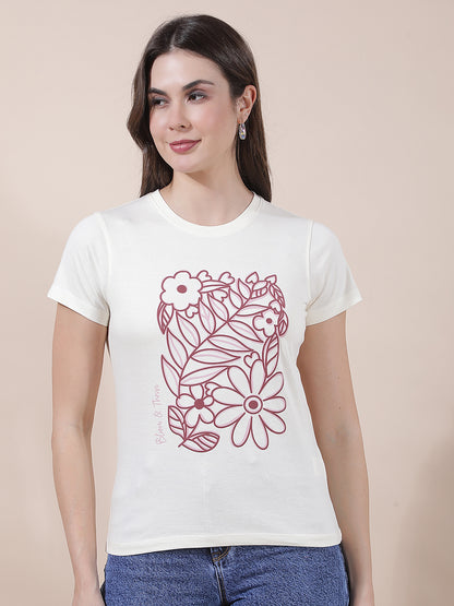 T-Shirt for Women l Breathable & Soft with Color Fastness Regular Fit Round Neck Poly Cotton Fabric Printed Pattern