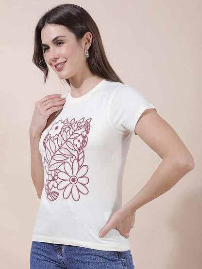 T-Shirt for Women l Breathable & Soft with Color Fastness Regular Fit Round Neck Poly Cotton Fabric Printed Pattern