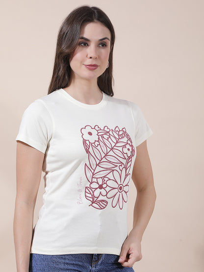T-Shirt for Women l Breathable & Soft with Color Fastness Regular Fit Round Neck Poly Cotton Fabric Printed Pattern