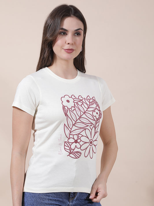 T-Shirt for Women l Breathable & Soft with Color Fastness Regular Fit Round Neck Poly Cotton Fabric Printed Pattern