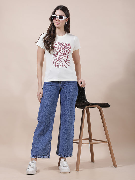 T-Shirt for Women l Breathable & Soft with Color Fastness Regular Fit Round Neck Poly Cotton Fabric Printed Pattern
