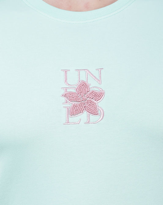 T-Shirt for Women l Breathable & Soft with Color Fastness Regular Fit Round Neck Cotton Blend Fabric Embroidered Pattern