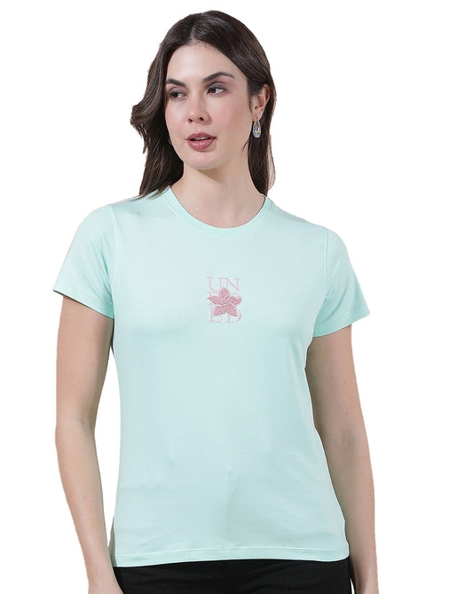 T-Shirt for Women l Breathable & Soft with Color Fastness Regular Fit Round Neck Cotton Blend Fabric Embroidered Pattern