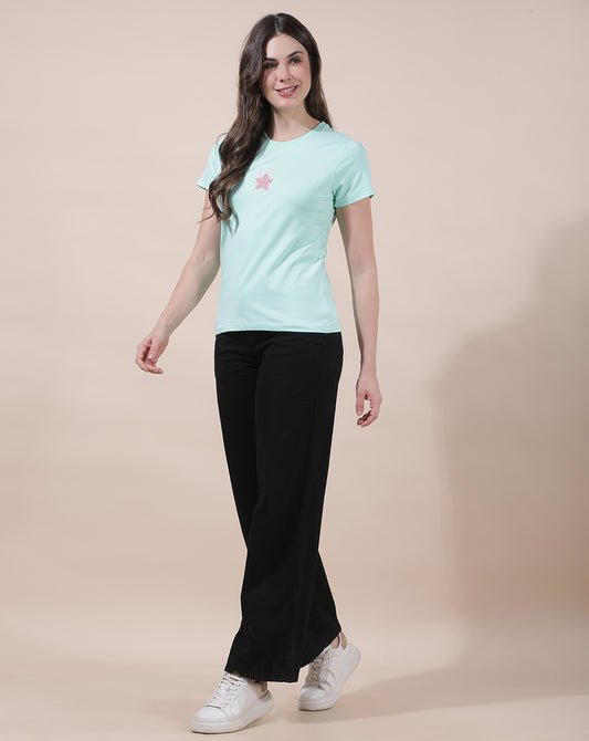 T-Shirt for Women l Breathable & Soft with Color Fastness Regular Fit Round Neck Cotton Blend Fabric Embroidered Pattern