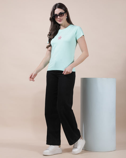 T-Shirt for Women l Breathable & Soft with Color Fastness Regular Fit Round Neck Cotton Blend Fabric Embroidered Pattern