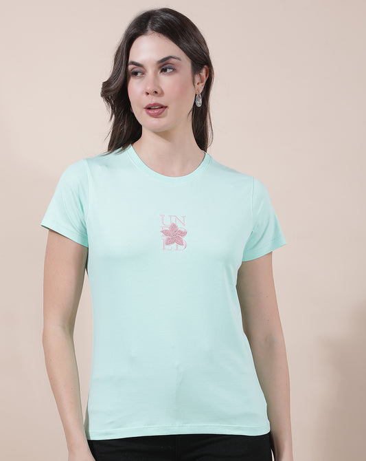 T-Shirt for Women l Breathable & Soft with Color Fastness Regular Fit Round Neck Cotton Blend Fabric Embroidered Pattern