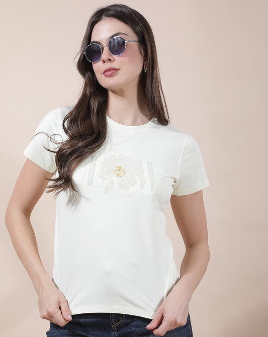 T-Shirt for Women l Breathable & Soft with Color Fastness Regular Fit Round Neck Cotton Blend Fabric Embroidered Pattern