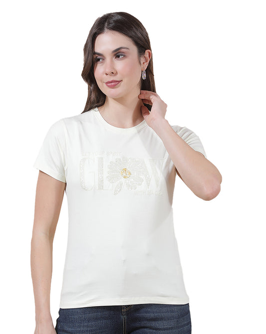 T-Shirt for Women l Breathable & Soft with Color Fastness Regular Fit Round Neck Cotton Blend Fabric Embroidered Pattern
