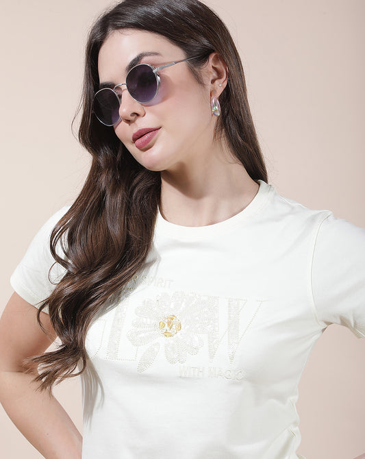 T-Shirt for Women l Breathable & Soft with Color Fastness Regular Fit Round Neck Cotton Blend Fabric Embroidered Pattern