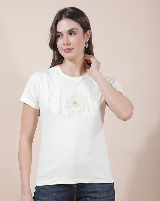 T-Shirt for Women l Breathable & Soft with Color Fastness Regular Fit Round Neck Cotton Blend Fabric Embroidered Pattern