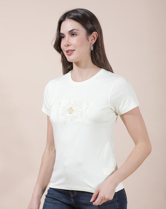 T-Shirt for Women l Breathable & Soft with Color Fastness Regular Fit Round Neck Cotton Blend Fabric Embroidered Pattern