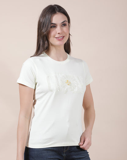 T-Shirt for Women l Breathable & Soft with Color Fastness Regular Fit Round Neck Cotton Blend Fabric Embroidered Pattern