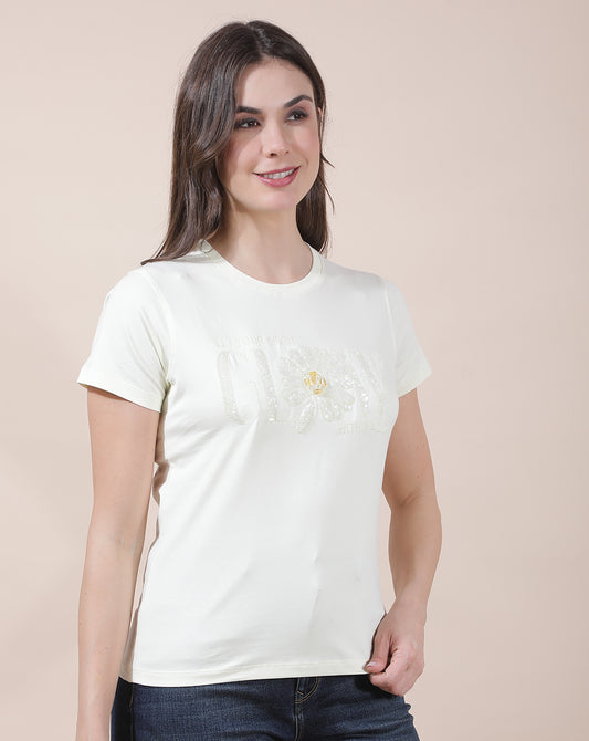 T-Shirt for Women l Breathable & Soft with Color Fastness Regular Fit Round Neck Cotton Blend Fabric Embroidered Pattern