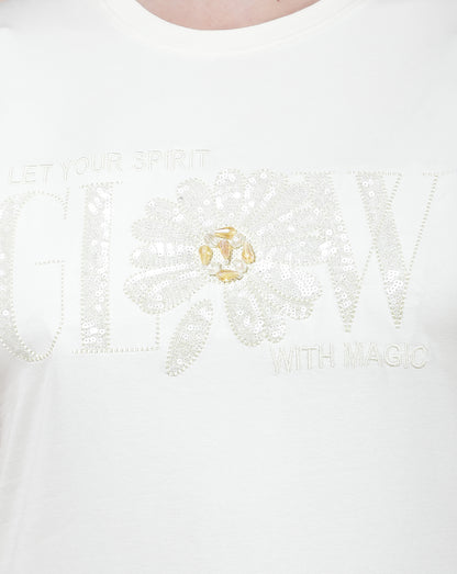 T-Shirt for Women l Breathable & Soft with Color Fastness Regular Fit Round Neck Cotton Blend Fabric Embroidered Pattern