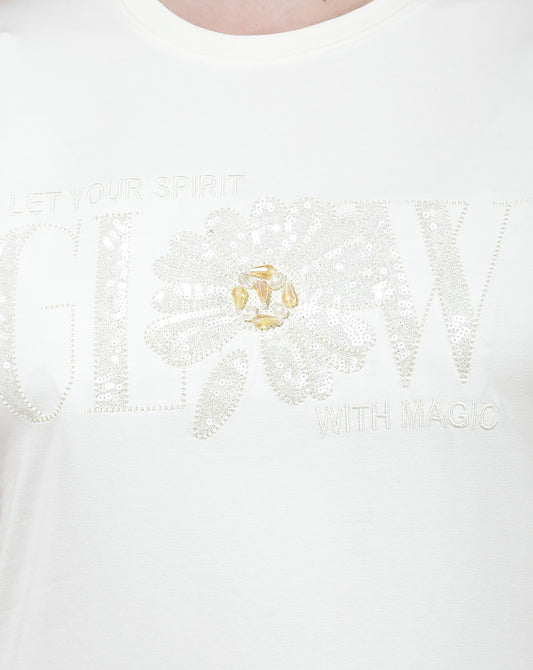 T-Shirt for Women l Breathable & Soft with Color Fastness Regular Fit Round Neck Cotton Blend Fabric Embroidered Pattern