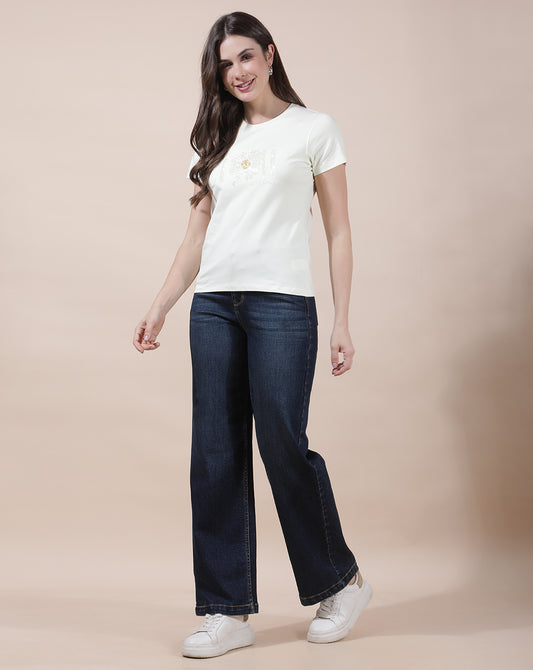 T-Shirt for Women l Breathable & Soft with Color Fastness Regular Fit Round Neck Cotton Blend Fabric Embroidered Pattern