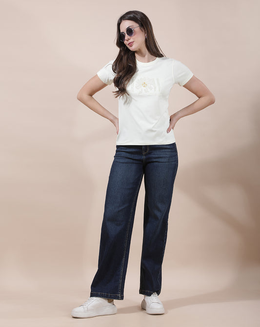 T-Shirt for Women l Breathable & Soft with Color Fastness Regular Fit Round Neck Cotton Blend Fabric Embroidered Pattern