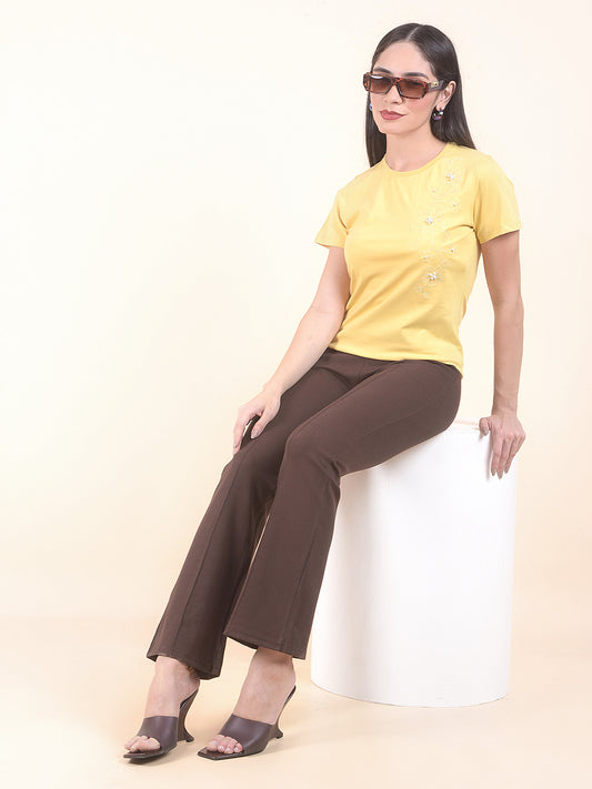 T-Shirt for Women l Breathable & Soft with Color Fastness Regular Fit Round Neck Cotton Stretch Fabric Embroidery Pattern
