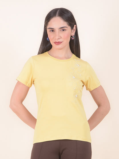 T-Shirt for Women l Breathable & Soft with Color Fastness Regular Fit Round Neck Cotton Stretch Fabric Embroidery Pattern
