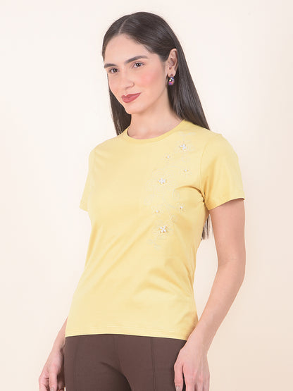 T-Shirt for Women l Breathable & Soft with Color Fastness Regular Fit Round Neck Cotton Stretch Fabric Embroidery Pattern