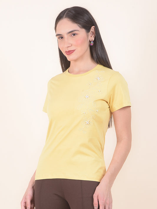 T-Shirt for Women l Breathable & Soft with Color Fastness Regular Fit Round Neck Cotton Stretch Fabric Embroidery Pattern