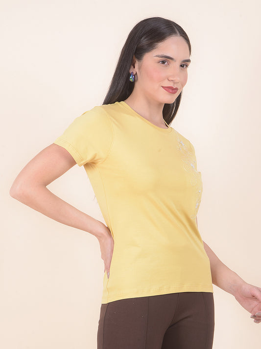 T-Shirt for Women l Breathable & Soft with Color Fastness Regular Fit Round Neck Cotton Stretch Fabric Embroidery Pattern