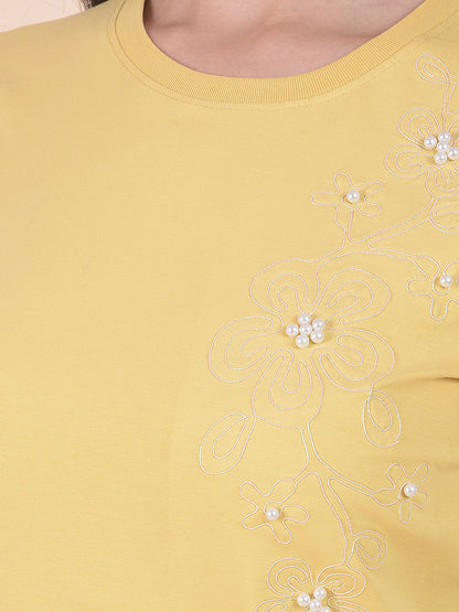 T-Shirt for Women l Breathable & Soft with Color Fastness Regular Fit Round Neck Cotton Stretch Fabric Embroidery Pattern