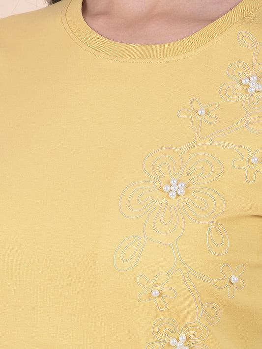 T-Shirt for Women l Breathable & Soft with Color Fastness Regular Fit Round Neck Cotton Stretch Fabric Embroidery Pattern