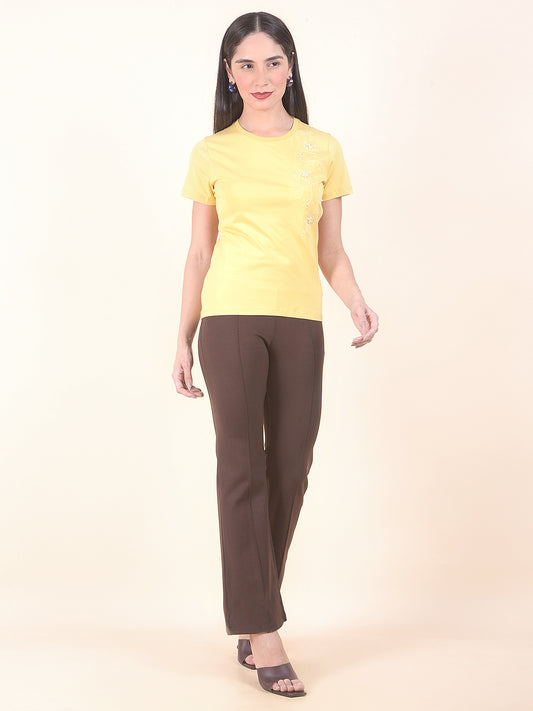 T-Shirt for Women l Breathable & Soft with Color Fastness Regular Fit Round Neck Cotton Stretch Fabric Embroidery Pattern
