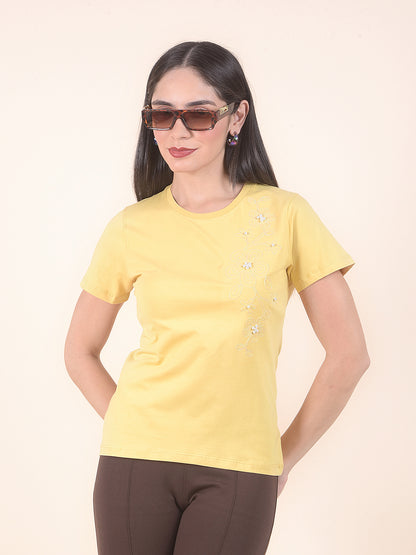 T-Shirt for Women l Breathable & Soft with Color Fastness Regular Fit Round Neck Cotton Stretch Fabric Embroidery Pattern
