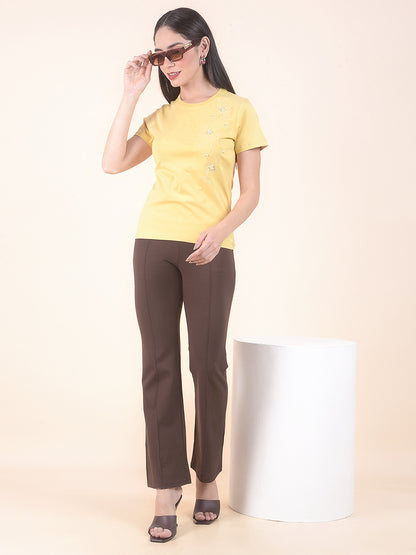 T-Shirt for Women l Breathable & Soft with Color Fastness Regular Fit Round Neck Cotton Stretch Fabric Embroidery Pattern