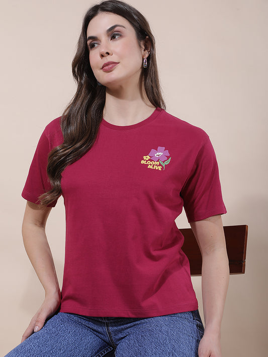 T-Shirt for Women l Breathable & Soft with Color Fastness Regular Fit Round Neck Poly Cotton Fabric Printed Pattern