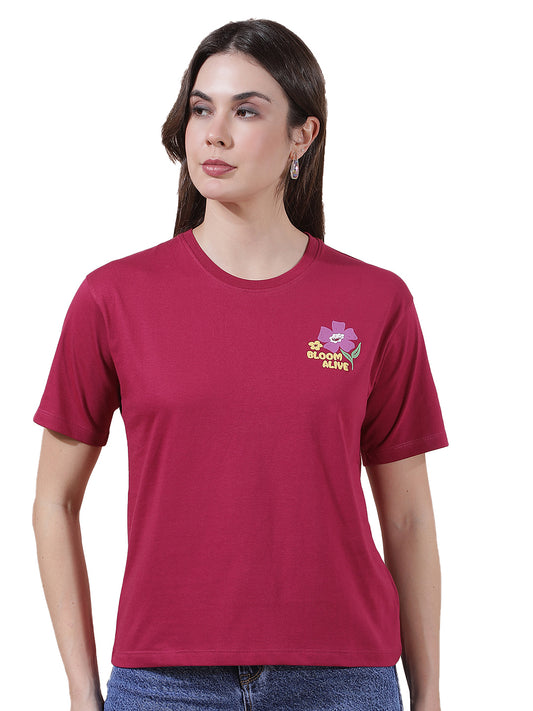T-Shirt for Women l Breathable & Soft with Color Fastness Regular Fit Round Neck Poly Cotton Fabric Printed Pattern