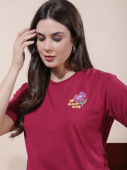 T-Shirt for Women l Breathable & Soft with Color Fastness Regular Fit Round Neck Poly Cotton Fabric Printed Pattern