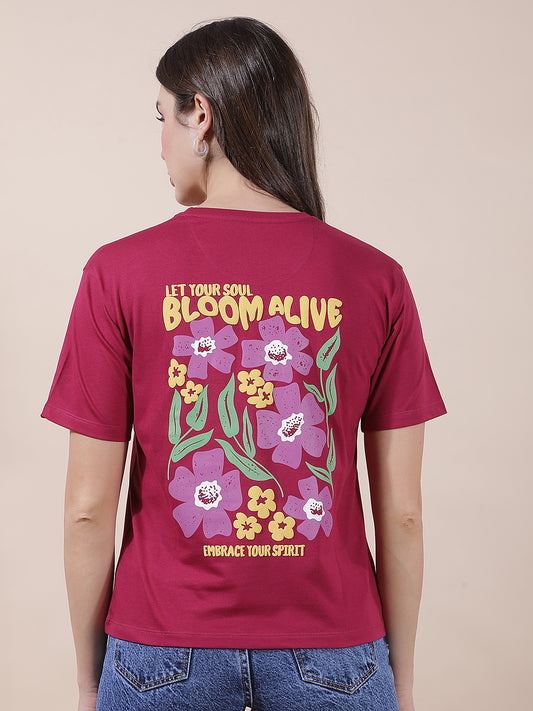 T-Shirt for Women l Breathable & Soft with Color Fastness Regular Fit Round Neck Poly Cotton Fabric Printed Pattern