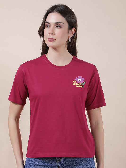 T-Shirt for Women l Breathable & Soft with Color Fastness Regular Fit Round Neck Poly Cotton Fabric Printed Pattern