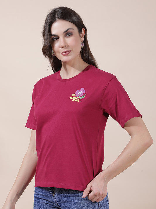 T-Shirt for Women l Breathable & Soft with Color Fastness Regular Fit Round Neck Poly Cotton Fabric Printed Pattern