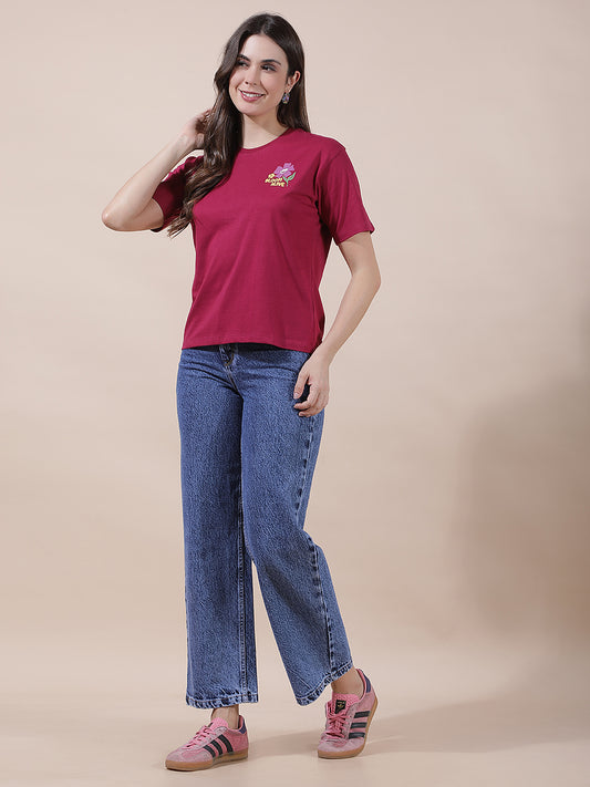 T-Shirt for Women l Breathable & Soft with Color Fastness Regular Fit Round Neck Poly Cotton Fabric Printed Pattern