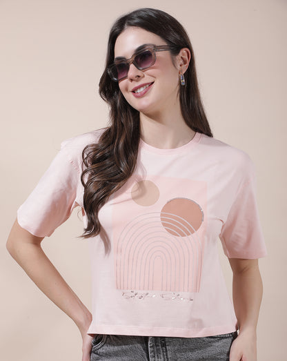 T-Shirt for Women l Breathable & Soft with Color Fastness Regular Fit Round Neck Cotton Blend Fabric Printed Pattern