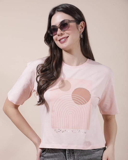 T-Shirt for Women l Breathable & Soft with Color Fastness Regular Fit Round Neck Cotton Blend Fabric Printed Pattern