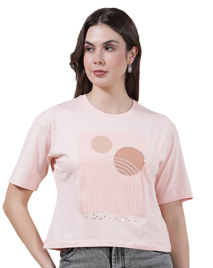T-Shirt for Women l Breathable & Soft with Color Fastness Regular Fit Round Neck Cotton Blend Fabric Printed Pattern