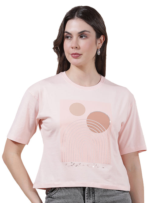 T-Shirt for Women l Breathable & Soft with Color Fastness Regular Fit Round Neck Cotton Blend Fabric Printed Pattern