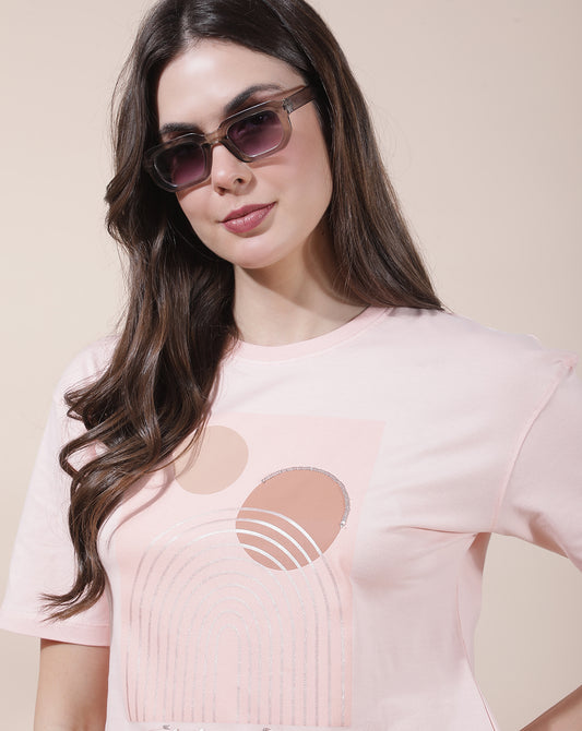T-Shirt for Women l Breathable & Soft with Color Fastness Regular Fit Round Neck Cotton Blend Fabric Printed Pattern