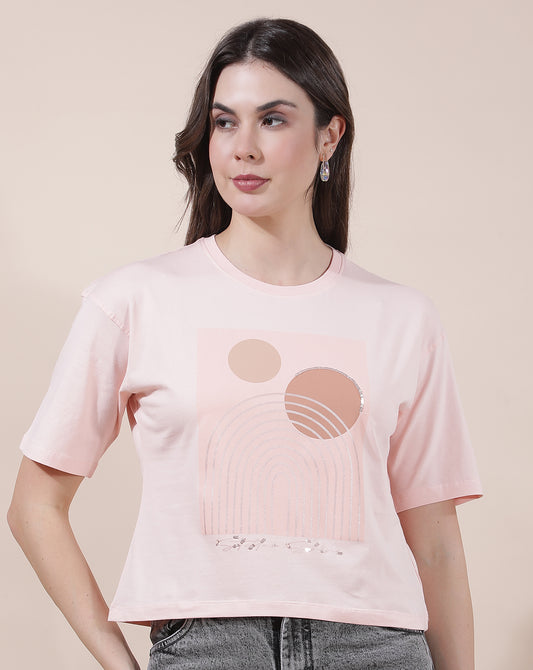 T-Shirt for Women l Breathable & Soft with Color Fastness Regular Fit Round Neck Cotton Blend Fabric Printed Pattern