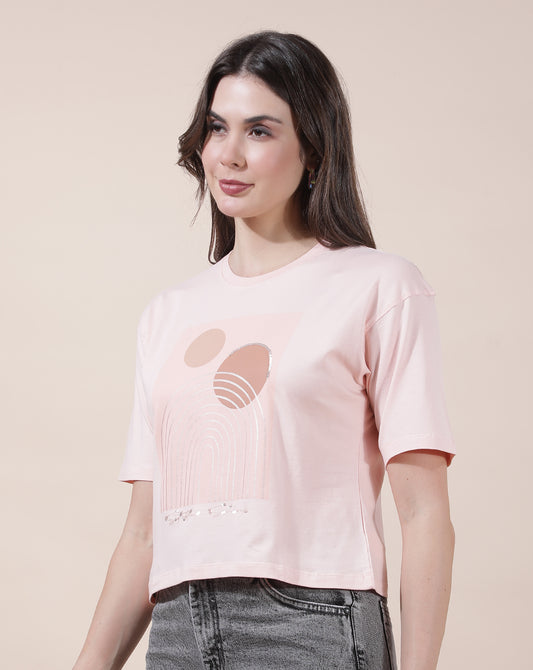 T-Shirt for Women l Breathable & Soft with Color Fastness Regular Fit Round Neck Cotton Blend Fabric Printed Pattern